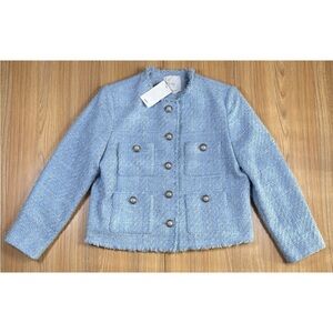 MNG Tweed Blazer Jacket Womens XL Pearl Button Pockets Baby Blue NWT Classic